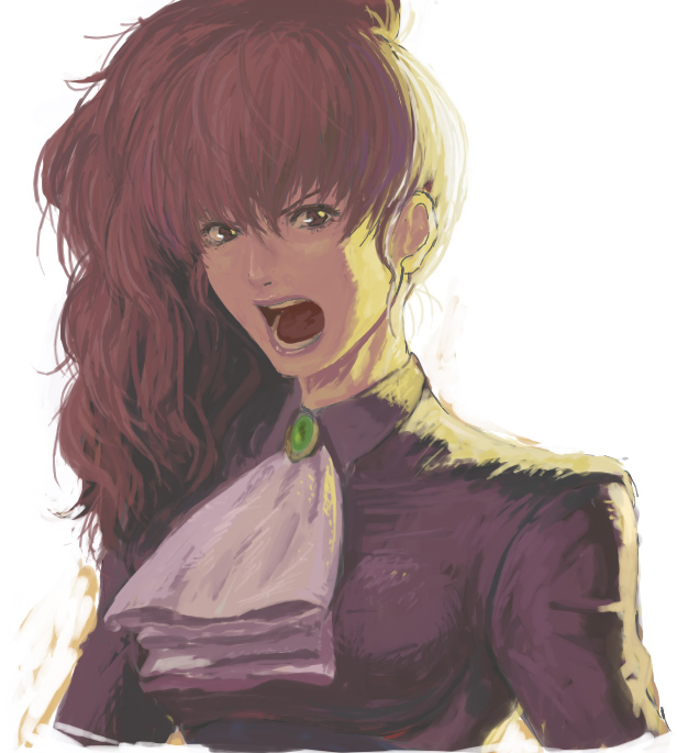 ikeda (cpt), ushiromiya natsuhi, umineko no naku koro ni, 00s, ascot, brooch, brown hair, jewelry, open mouth, ponytail, portrait, solo