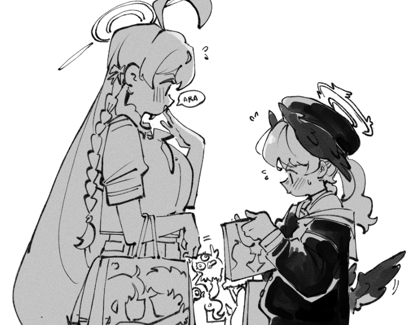 kinzaibatsu91, azusa (blue archive), hanako (blue archive), hifumi (blue archive), koharu (blue archive), blue archive, commentary, symbol-only commentary, 4girls, ahoge, arms and wings, bag, blush, braid, from side, greyscale, halo, hand to own mouth, hat, head wings, holding, holding bag, long hair, long sleeves, monochrome, multiple girls, shirt, short sleeves, simple background, single braid, skirt, speech bubble, twintails, very long hair, white background, wings