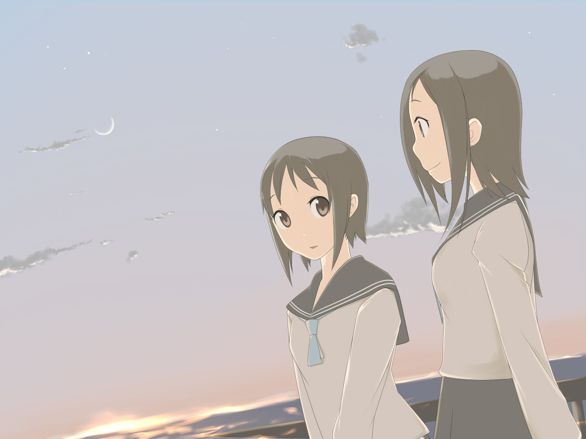 katakura supipi, bad id, bad pixiv id, 2girls, brown eyes, brown hair, cloud, long hair, moon, multiple girls, school uniform, skirt, sky, smile, sunset