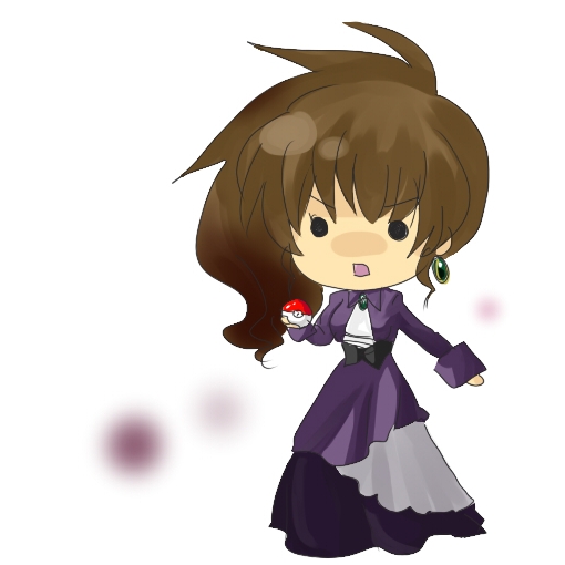 origo, ushiromiya natsuhi, nintendo, pokemon, umineko no naku koro ni, bad id, bad pixiv id, 00s, 1girl, brown hair, chibi, crossover, dress, earrings, female focus, holding, holding poke ball, jewelry, poke ball, simple background, solo, white background