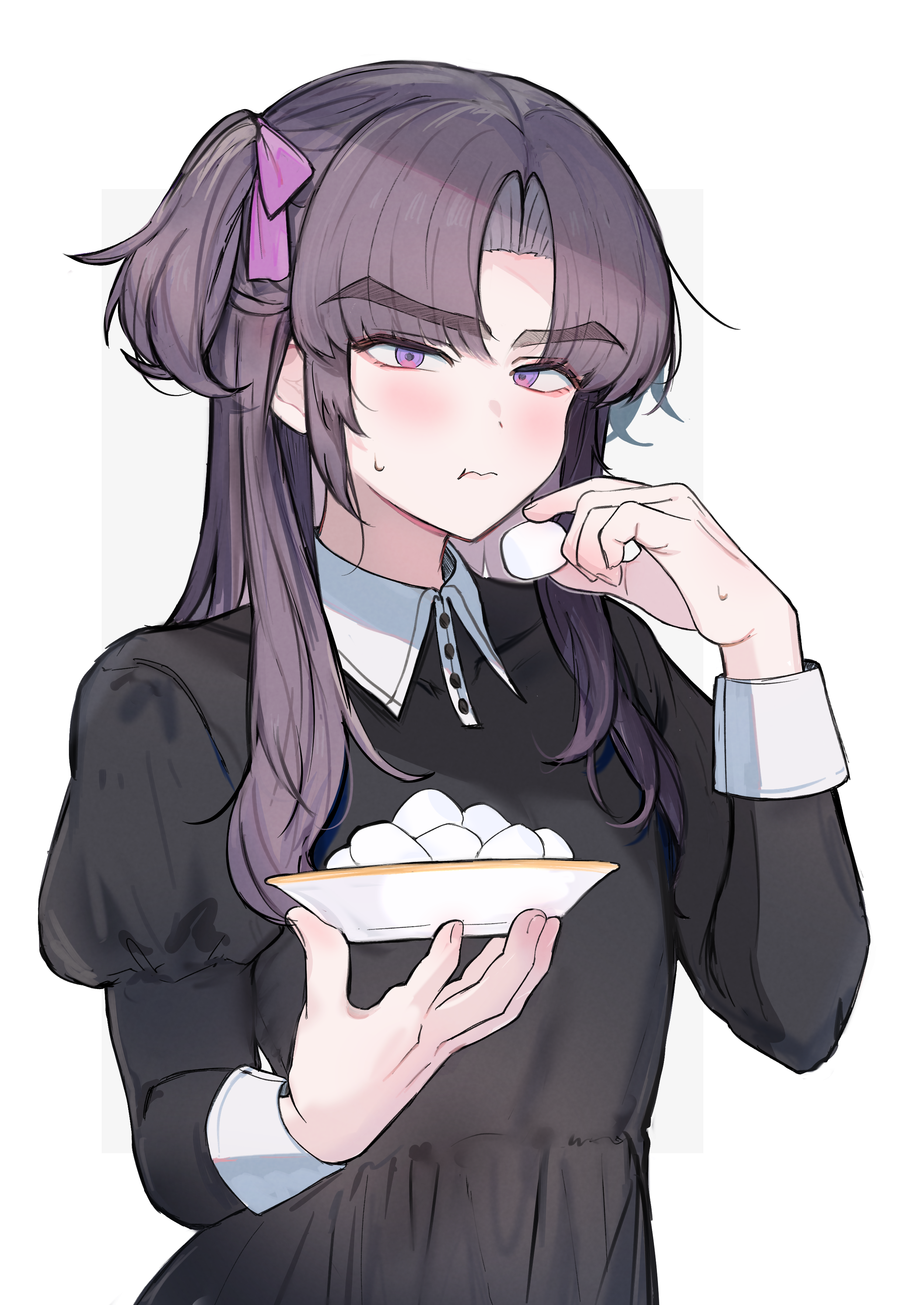 imamiya pinoko, ayase ayato (imamiya pinoko), original, absurdres, bad source, highres, 1boy, bow, brown hair, closed mouth, food, hair bow, holding, holding food, holding plate, juliet sleeves, long hair, long sleeves, looking at viewer, male focus, marshmallow, parted bangs, pink bow, plate, puffy sleeves, purple eyes, simple background, solo, sweat, thick eyebrows, trap, twintails, white background