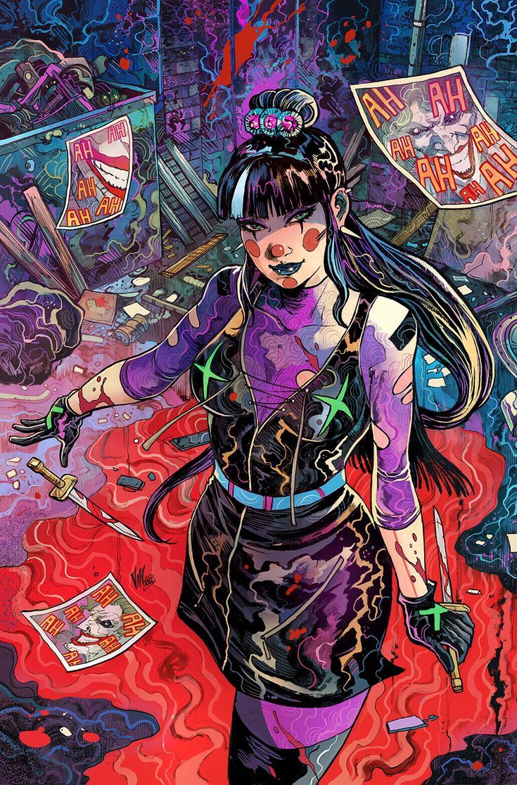 punchline (dc), the joker, dc comics, 1girl, black dress, black eyeshadow, black hair, blood, blood on arm, blood on clothes, blood on ground, dress, dumpster, ear piercing, evil smile, eyeshadow, gloves, green eyes, green hair, hair ornament, holding, holding knife, knife, laughing, makeup, multicolored hair, photo (object), piercing, smile, solo, torn clothes, vincenzo riccardi