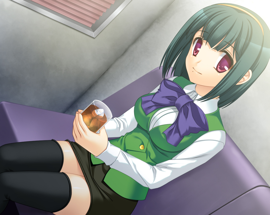 totokichi, otonashi kotori, idolmaster, idolmaster (classic), bad id, bad pixiv id, 00s, 1girl, bow, breasts, dutch angle, female focus, glass, green hair, hairband, ice, large breasts, mole, mole under mouth, pencil skirt, red eyes, short hair, sitting, skirt, solo, thighhighs