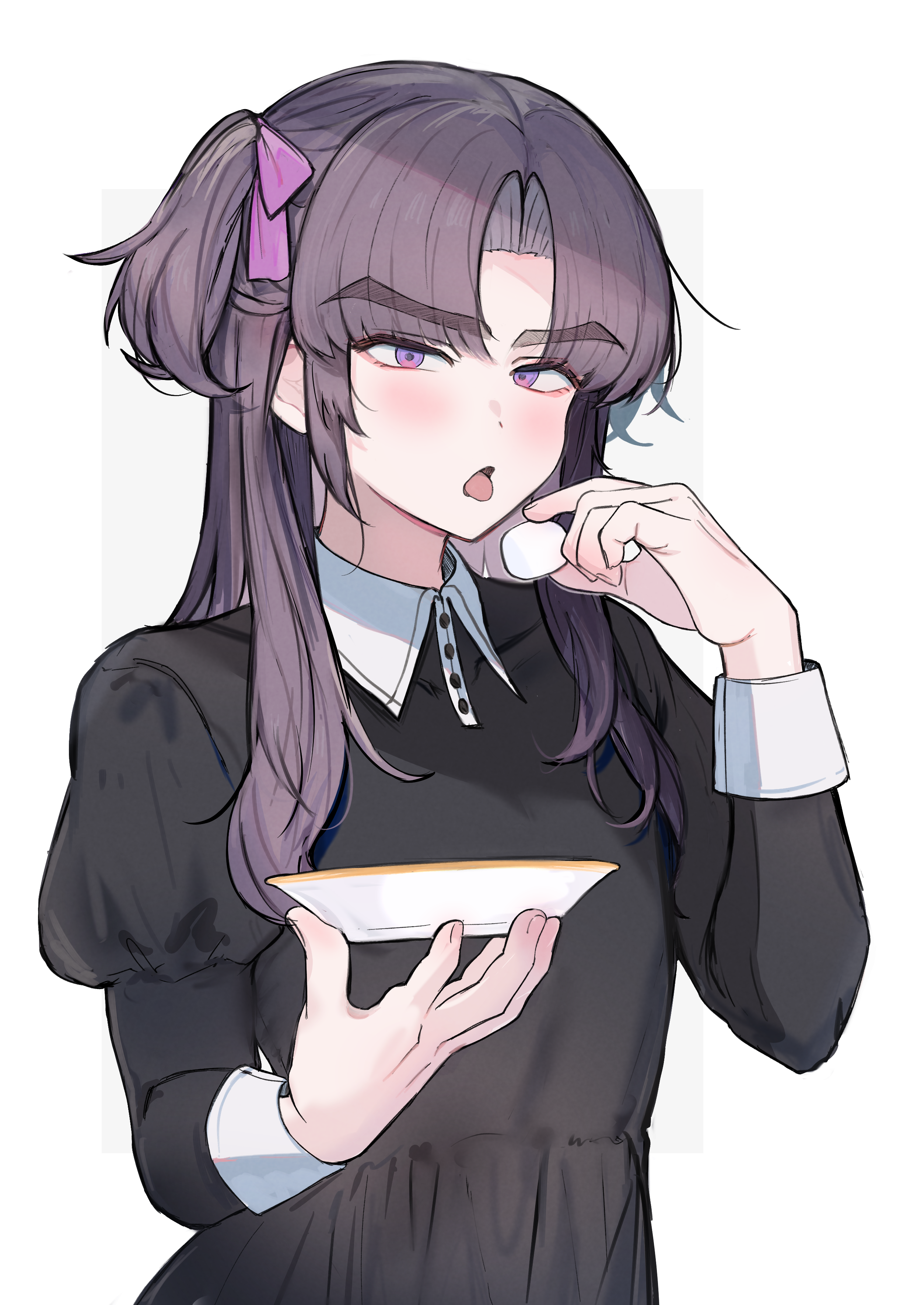 imamiya pinoko, ayase ayato (imamiya pinoko), original, absurdres, bad source, highres, 1boy, bow, brown hair, food, hair bow, holding, holding food, holding plate, juliet sleeves, long hair, long sleeves, looking at viewer, male focus, marshmallow, open mouth, parted bangs, pink bow, plate, puffy sleeves, purple eyes, simple background, solo, sweat, thick eyebrows, tongue, tongue out, trap, white background