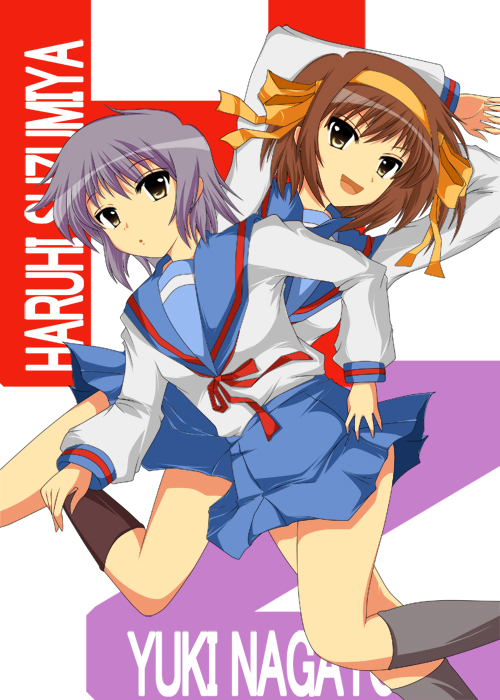 nagato yuki, suzumiya haruhi, suzumiya haruhi no yuuutsu, 00s, brown eyes, brown hair, hairband, purple hair, ribbon, school uniform, smile, socks