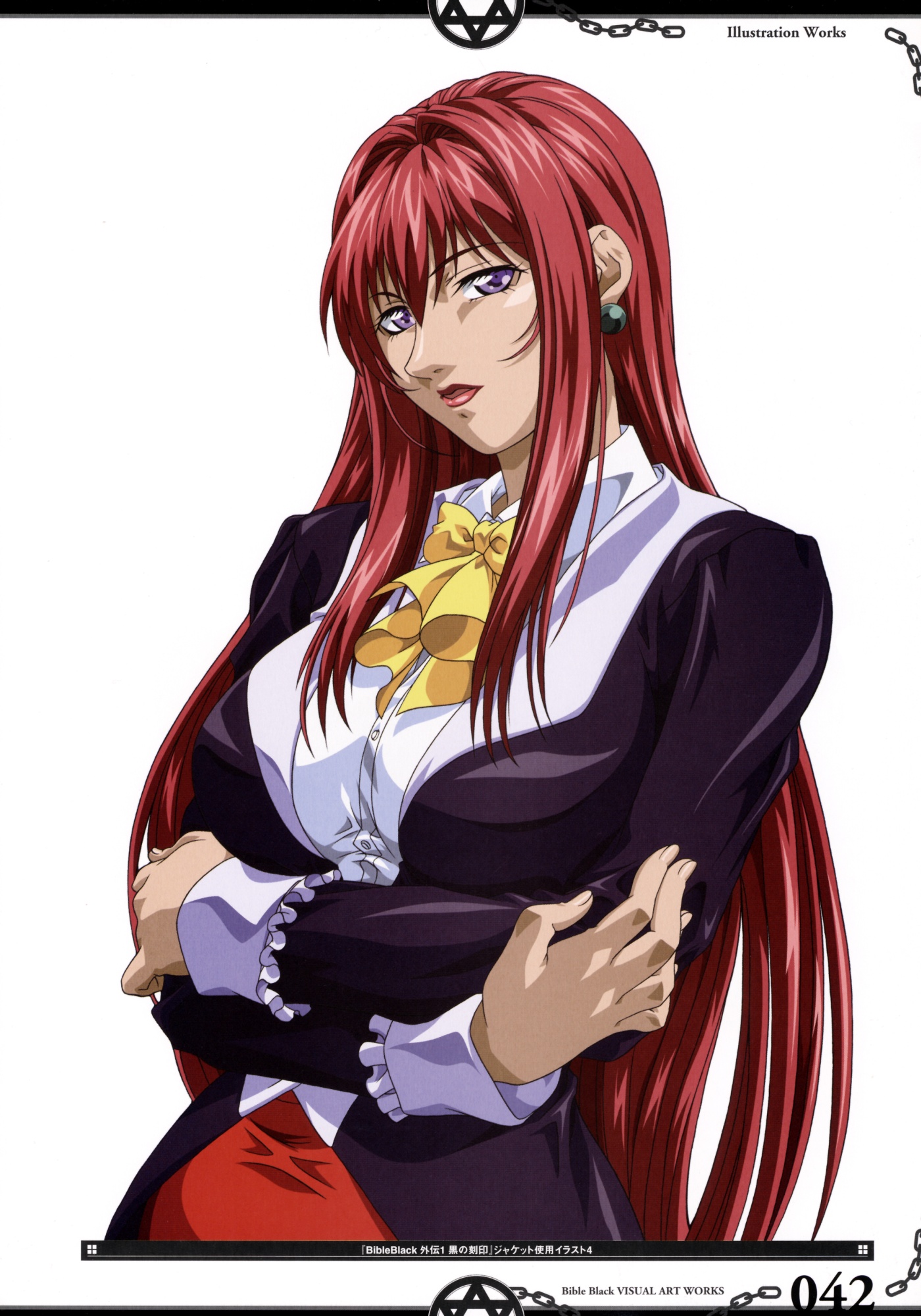 yoshiten, takashiro hiroko, bible black, highres, non-web source, scan, 00s, 1girl, breasts, crossed arms, earrings, female focus, jewelry, large breasts, long hair, mature female, pencil skirt, purple eyes, red hair, skirt, solo, teacher, very long hair
