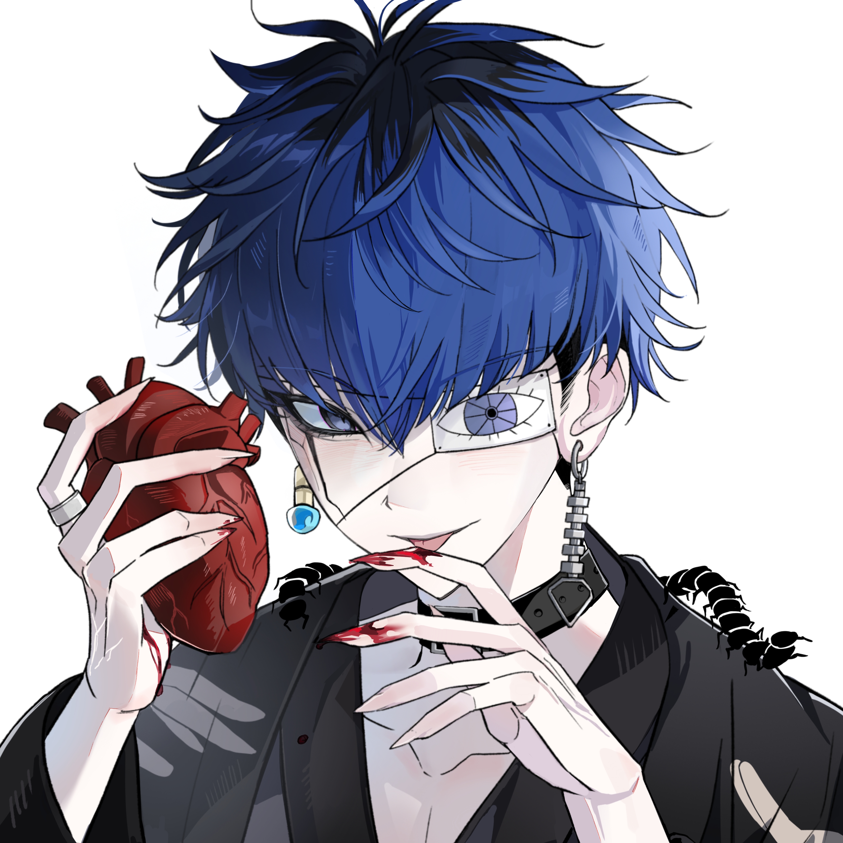 omokage yugamu, the hundred line -last defense academy-, absurdres, artist request, chinese commentary, commentary request, commission, highres, second-party source, 1boy, belt collar, black collar, black hair, black haori, blood, blood on hands, blue eyes, blue hair, bug, centipede, collar, collarbone, earrings, eyepatch, facepaint, grey kimono, haori, heart (organ), holding, holding heart (organ), japanese clothes, jewelry, kimono, male focus, mismatched earrings, multicolored hair, portrait, print eyepatch, ring, roots (hair), short hair, simple background, solo, tongue, tongue out, two-tone hair, white background