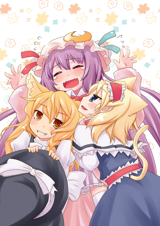 mayuge inu, alice margatroid, kirisame marisa, patchouli knowledge, touhou, 3girls, animal ears, arms up, blonde hair, blue eyes, blush, braid, capelet, cat ears, cat girl, cat tail, crescent, female focus, flower, hairband, hat, hat ribbon, kemonomimi mode, long hair, multiple girls, purple eyes, purple hair, ribbon, short hair, smile, tail, unworn hat, unworn headwear, witch, witch hat, yellow eyes