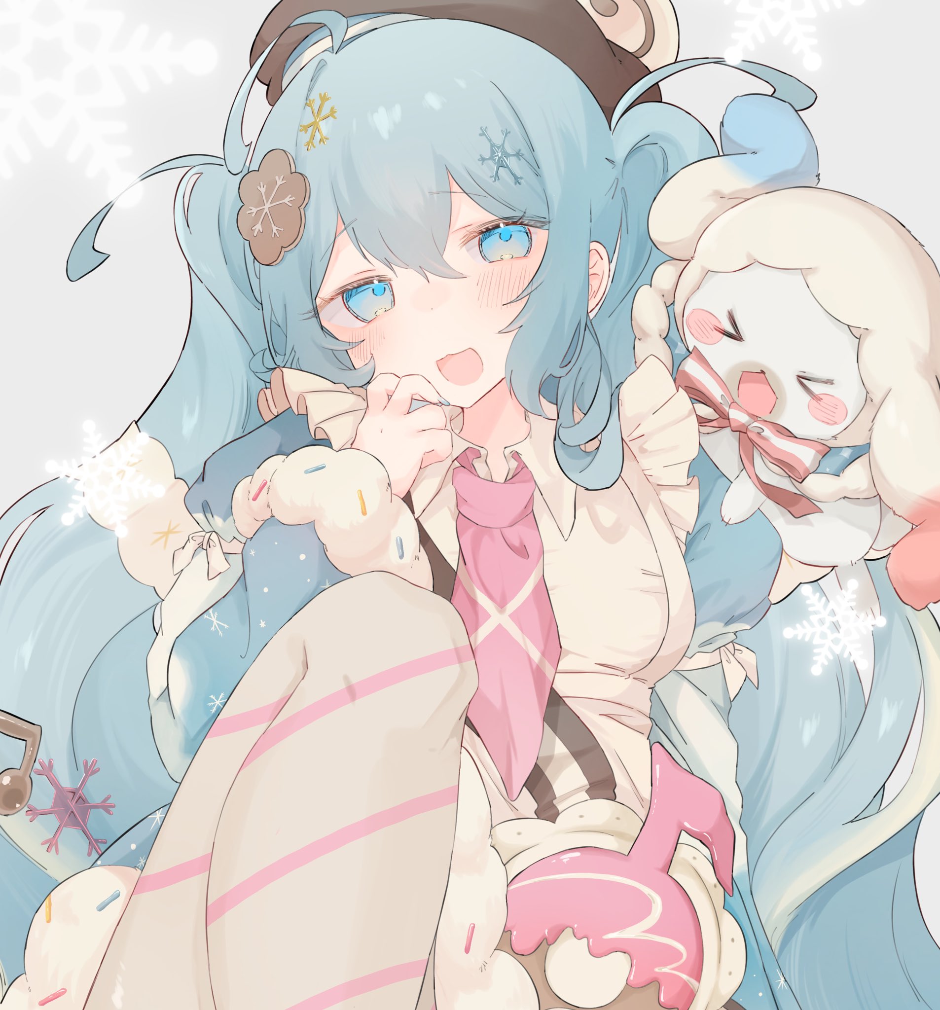 nekonika (e102k), hatsune miku, rabbit yukine, yuki miku, yuki miku (2026), vocaloid, commentary request, highres, > <, 1girl, animal, apron, aqua eyes, aqua hair, blue bow, blue dress, blue eyes, blue hair, blue sleeves, blush, bow, bowtie, brown hat, detached sleeves, donut, dress, dress bow, food, food-themed clothes, food-themed hat ornament, frilled apron, frills, fur-trimmed dress, fur-trimmed sleeves, fur trim, hair between eyes, hair ornament, hat, hat ornament, long hair, long sleeves, looking at viewer, necktie, official alternate costume, official alternate hairstyle, open mouth, pantyhose, pink necktie, puffy sleeves, short sleeves, snowflake print, striped clothes, striped pantyhose, twintails, two-tone sleeves, very long hair, wavy hair, white apron