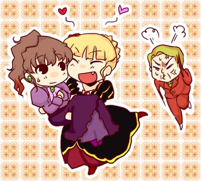 yoicha, beatrice (umineko), ushiromiya krauss, ushiromiya natsuhi, umineko no naku koro ni, fume, artist request, lowres, 00s, 1boy, 2girls, anger vein, angry, carrying, chasing, chibi, heart, multiple girls, princess carry, running, sweatdrop, take it home, yuri