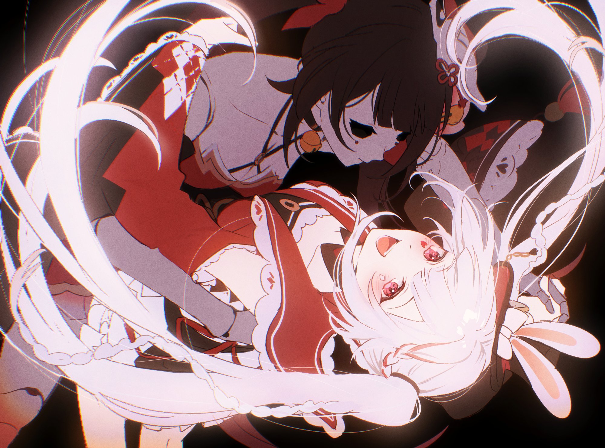 zassyoku dd, sparkle (honkai: star rail), sparxie (honkai: star rail), honkai: star rail, honkai (series), commentary, highres, symbol-only commentary, 2girls, breasts, brown hair, cleavage, detached sleeves, diamond (shape), diamond facial mark, doll joints, dual persona, facial mark, glowing, hat, heart, heart facial mark, joints, multiple girls, smile, sparkle, white hair