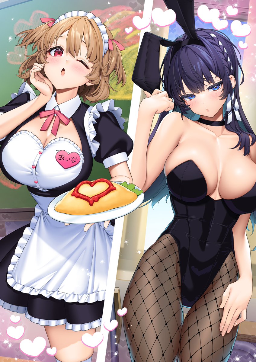 giuniu, shinjou aina (otomai), shinjou arisa (otomai), otoko girai na bijin shimai wo namae mo tsugezu ni tasuketara ittai dounaru?, commentary request, official art, 2girls, animal ear hairband, animal ears, apron, blue eyes, braid, breasts, brown hair, brown pantyhose, cleavage, collarbone, fake animal ears, fishnet pantyhose, fishnets, food, hair ribbon, hairband, hand on own thigh, holding, holding plate, leotard, maid, multiple girls, omelet, omurice, one eye closed, pantyhose, plate, playboy bunny, rabbit ear hairband, rabbit ears, red eyes, ribbon, strapless, strapless leotard, thigh gap, white apron, white ribbon