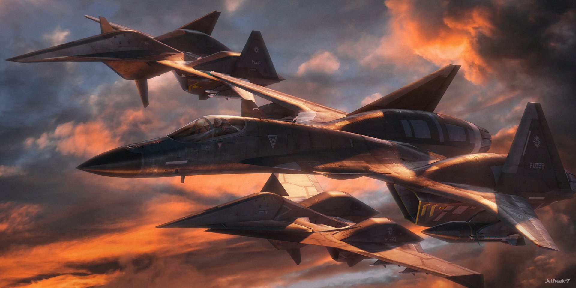 adf-01 falken, adfx-02 morgan, ace combat, highres, 1other, adf-11f raven, aim-9 sidewinder, aircraft, airplane, belkan flag, binary, bomb, cloud, cloudy sky, explosive, fighter jet, jetfreak-7, military vehicle, missile, sky, sunset