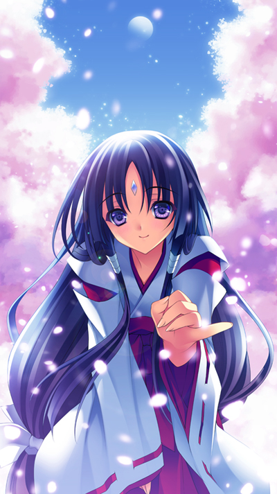 riv (rivleaf), original, tagme, black hair, cherry blossoms, japanese clothes, long hair, miko