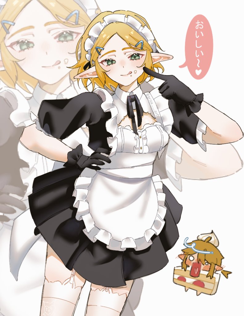 arisu art, link, princess zelda, nintendo, the legend of zelda, the legend of zelda: breath of the wild, the legend of zelda: tears of the kingdom, commentary, english commentary, 1boy, 1girl, apron, black dress, black gloves, black ribbon, blush, breasts, cake, chibi, chibi inset, cleavage cutout, clothing cutout, cowboy shot, dress, finger to cheek, food, food on face, garter straps, gloves, green eyes, hair ornament, hairclip, hand on own hip, maid, maid apron, maid headdress, medium breasts, neck ribbon, open mouth, parted bangs, pointy ears, ponytail, puffy short sleeves, puffy sleeves, ribbon, short sleeves, sidelocks, strawberry shortcake, thighhighs, white apron, white background, white thighhighs, wide-eyed