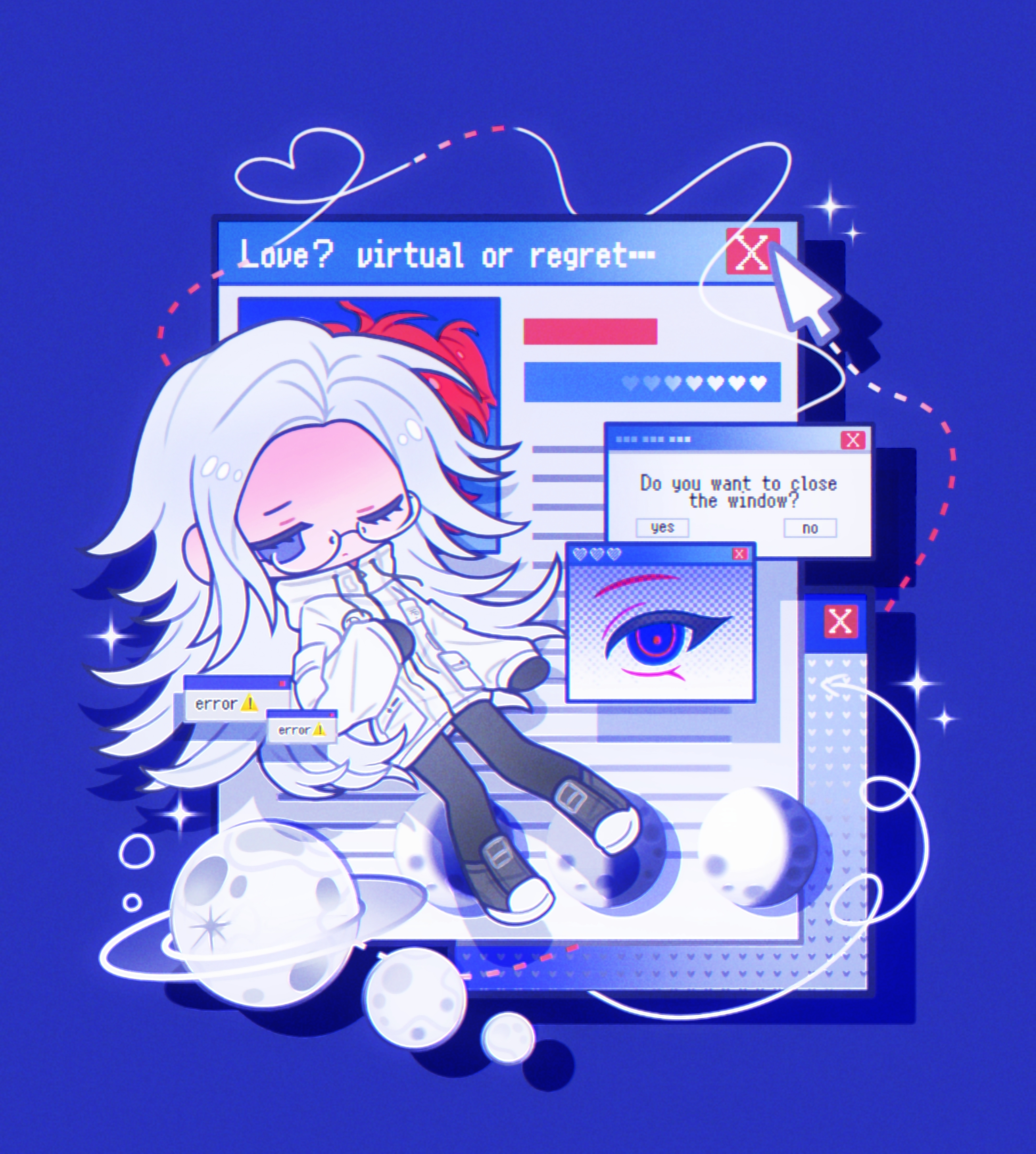 aotsuki eito, sumino takumi, the hundred line -last defense academy-, absurdres, chinese commentary, commentary request, highres, variant set, 2girls, black gloves, black pantyhose, black shoes, blue eyes, closed mouth, coat, colored eyelashes, cursor, deformed, doufu fanfan, english text, error message, genderswap, genderswap (mtf), glasses, gloves, heart, heart of string, high collar, hood, hood down, hooded coat, long hair, long sleeves, multiple girls, one eye closed, pantyhose, planet, red hair, red pupils, semi-rimless eyewear, shoes, sparkle, white coat, white hair, window (computing)