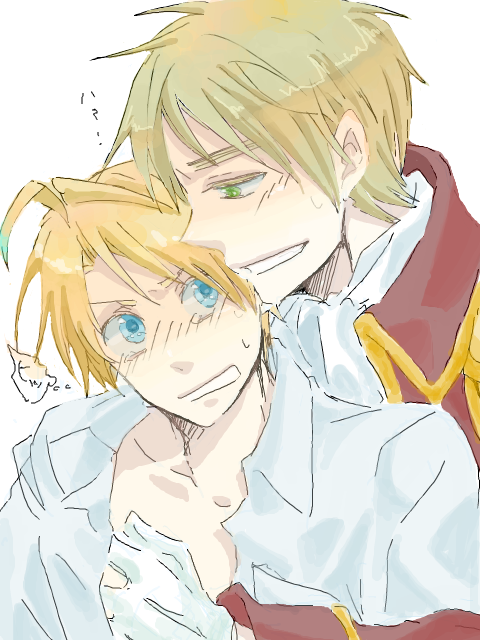 america (hetalia), united kingdom (hetalia), axis powers hetalia, translation request, 00s, 2boys, eye contact, looking at another, male focus, multiple boys