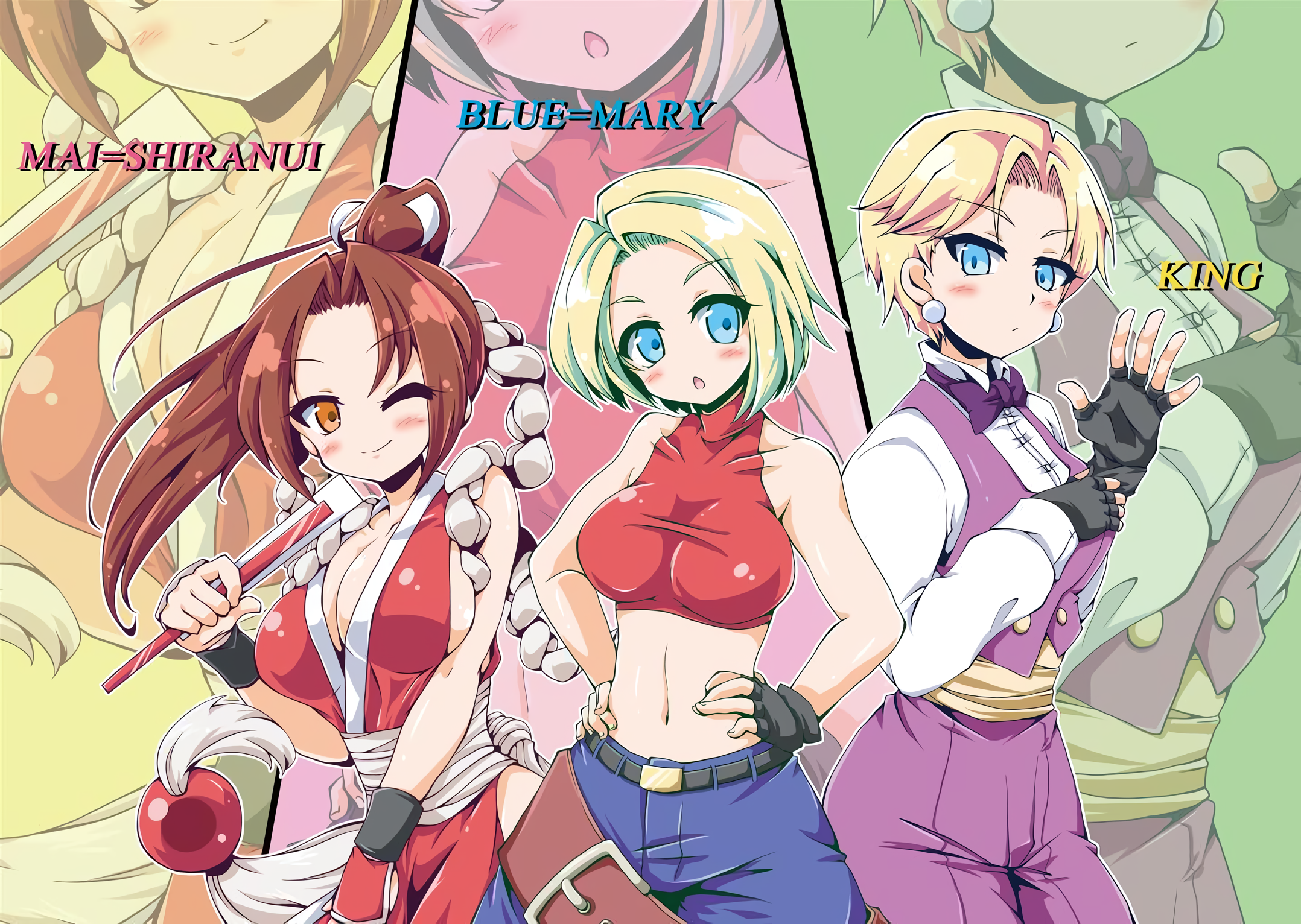 blue mary, king (snk), shiranui mai, fatal fury, ryuuko no ken, snk, the king of fighters, highres, 3girls, blonde hair, blue eyes, breasts, character name, denim, english text, fingerless gloves, gloves, hand on own hip, hands on own hips, japanese clothes, jeans, jewelry, large breasts, legs, looking at viewer, midriff, multiple girls, navel, one eye closed, panties, pants, panty peek, parted lips, ponytail, short hair, sideboob, smile, thighs, toned, underwear, wink