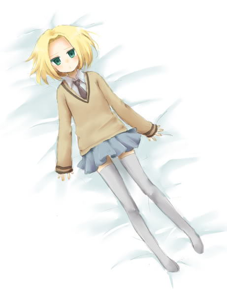 poland (hetalia), axis powers hetalia, white legwear, 00s, blonde hair, crossdressing, green eyes, lying, miniskirt, necktie, on back, school uniform, short hair, skirt, sweater, thighhighs, trap, tsurime, zettai ryouiki
