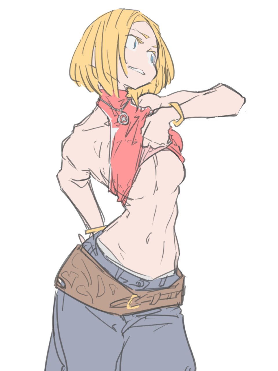 blue mary, fatal fury, snk, the king of fighters, the king of fighters xv, highres, 1girl, blonde hair, blue eyes, breasts, denim, fingerless gloves, gloves, hand on own hip, jeans, jewelry, large breasts, legs, lifting own clothes, midriff, navel, necklace, panties, pants, panty peek, parted lips, short hair, smile, solo, teasing, teeth, thighs, toned, underwear