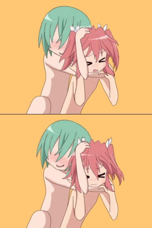 iwasaki minami, kobayakawa yutaka, lucky star, > <, 00s, 2girls, bad anatomy, blush, closed eyes, comic, headlock, multiple girls, nude, poorly drawn, simple background, smile, wrestling