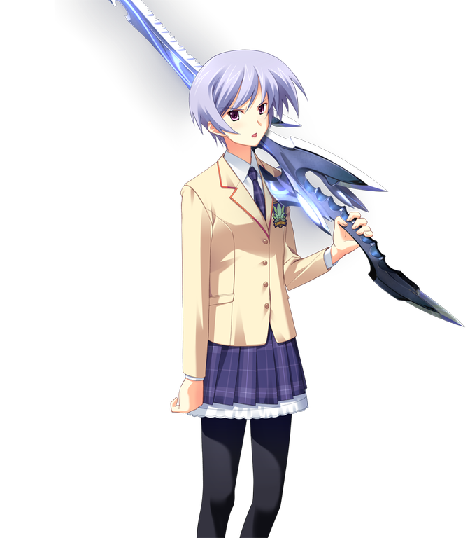 matsuo yukihiro, kishimoto ayase, chaos;head, science adventure, game cg, official art, 1girl, annoyed, black pantyhose, blazer, blue hair, bow, bowtie, brown jacket, collared shirt, d-sword, dress shirt, holding, holding sword, holding weapon, jacket, lapels, looking at viewer, miniskirt, necktie, notched lapels, open mouth, over shoulder, pantyhose, petticoat, pink eyes, plaid clothes, plaid necktie, plaid skirt, pleated skirt, purple bow, purple bowtie, purple skirt, school emblem, school uniform, serious, shirt, skirt, solo, sprite, suimei academy school uniform, sword, sword over shoulder, transparent background, weapon, weapon over shoulder, white shirt
