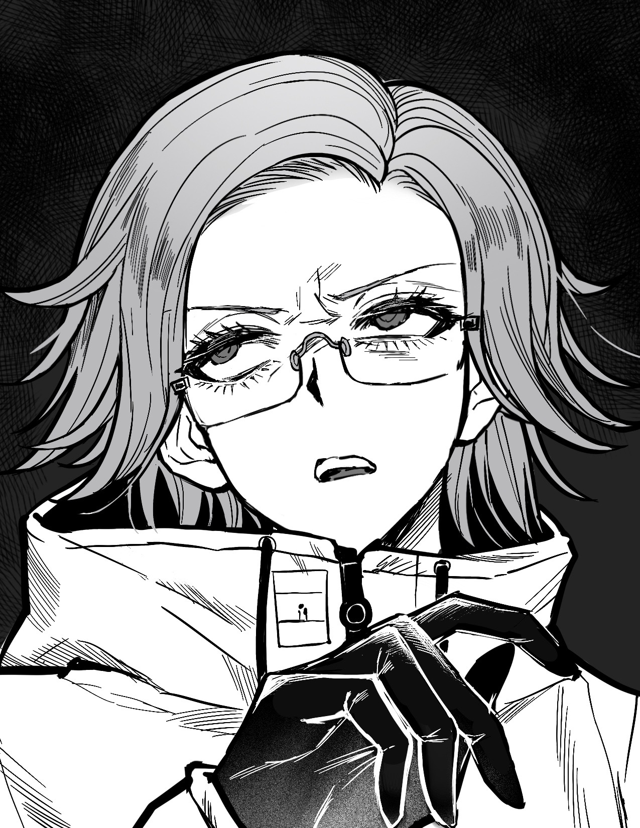 zunzhiyu, aotsuki eito, the hundred line -last defense academy-, chinese commentary, commentary request, highres, 1boy, annoyed, black background, drawstring, eyelashes, glasses, gloves, hand up, high collar, jacket, long sleeves, male focus, open mouth, portrait, rectangular eyewear, sanpaku, semi-rimless eyewear, short hair, solo, teeth, upper teeth only, v-shaped eyebrows, zipper pull tab