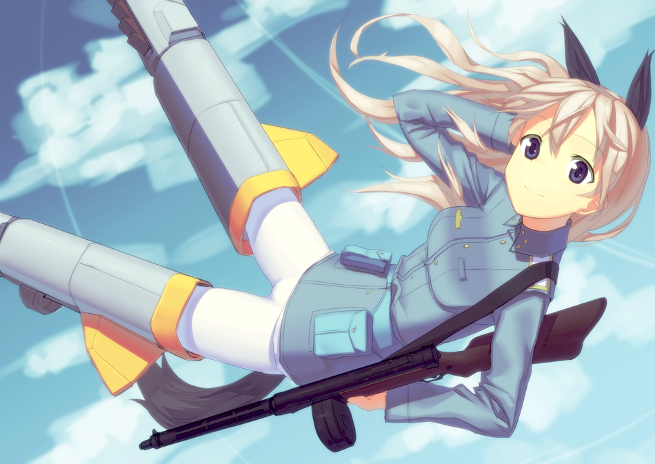 fondolger, eila ilmatar juutilainen, strike witches, world witches series, bad id, bad pixiv id, 00s, 1girl, animal ears, black eyes, brown hair, day, female focus, flying, fondoler, gun, long hair, pantyhose, rifle, sky, smile, solo, striker unit, submachine gun, suomi kp/-31, tail, weapon, white pantyhose
