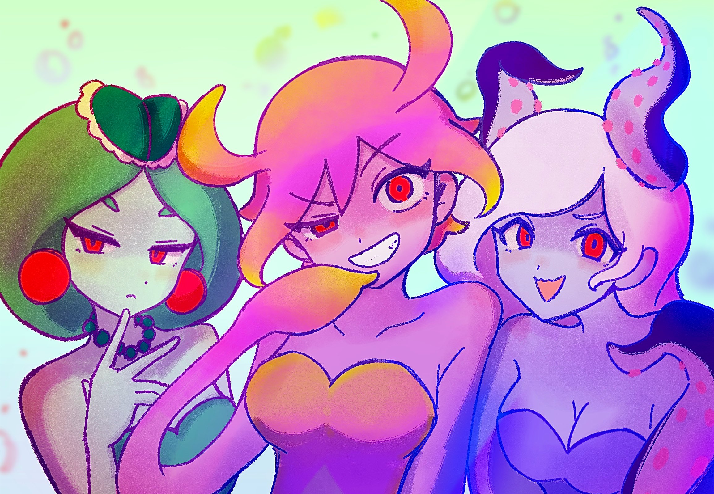 yu kuli, marina (omori), medusa (omori), molly (omori), omori, commentary, highres, 3girls, bare shoulders, blonde hair, blue skin, breasts, cleavage, closed mouth, collarbone, colored skin, earrings, gradient hair, green hair, green skin, grey hair, grin, jewelry, large breasts, looking at viewer, multicolored hair, multiple girls, necklace, pink hair, pink skin, red eyes, short hair, smile, teeth, tentacle hair, two-tone hair