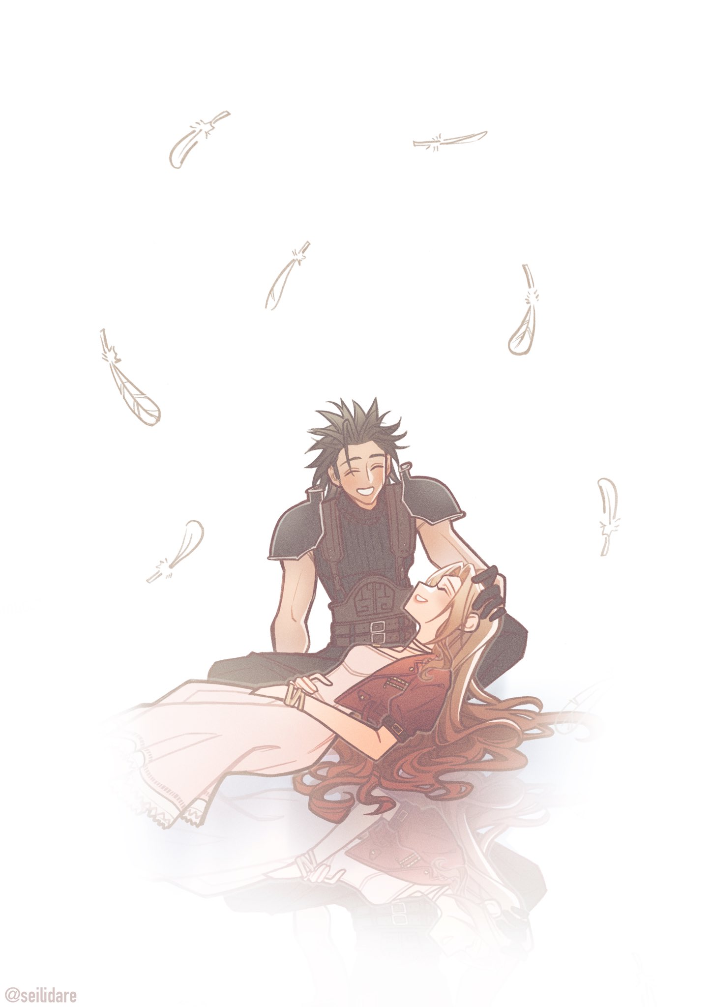 seilidare, aerith gainsborough, zack fair, final fantasy, final fantasy vii, final fantasy vii remake, commentary, english commentary, highres, 1boy, 1girl, armor, black hair, black pants, blush, bracelet, brown hair, closed eyes, dress, facing another, falling feathers, feathers, feet out of frame, hand on another's head, indian style, jacket, jewelry, long hair, lying, on back, open clothes, open jacket, open mouth, pants, pink dress, red jacket, reflective floor, short hair, shoulder armor, sitting, sleeveless, sleeveless turtleneck, smile, spiked hair, sweater, turtleneck, turtleneck sweater, twitter username, white background, white feathers