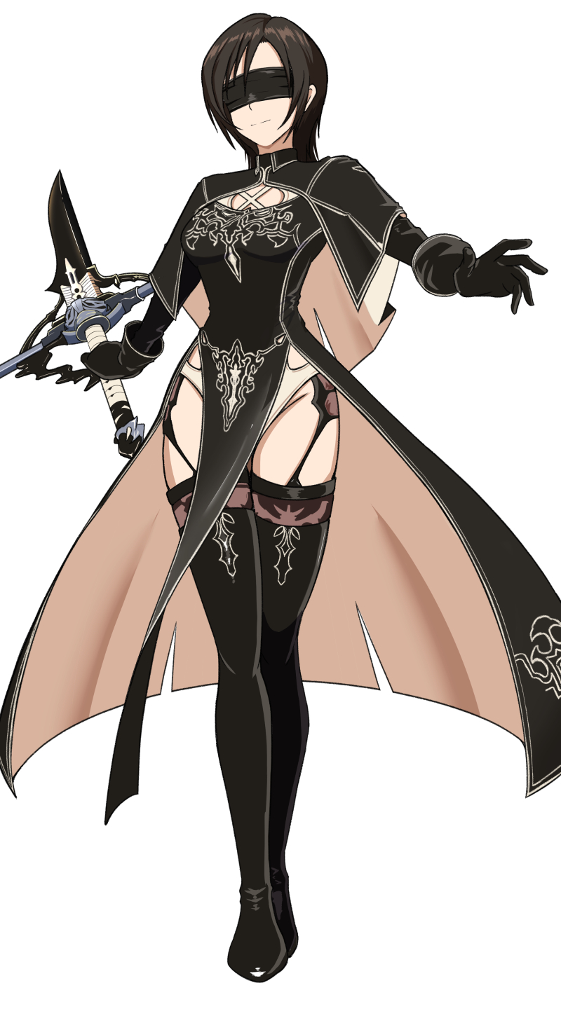 kazaguruma2600, 10h (nier reincarnation), yuffie kisaragi, yuffie kisaragi (savior ensemble), final fantasy, final fantasy vii, final fantasy vii: ever crisis, nier (series), nier reincarnation, commentary request, highres, 10h (nier reincarnation) (cosplay), 1girl, black boots, black capelet, black dress, black gloves, blindfold, boots, brown hair, capelet, closed mouth, cosplay, dress, full body, gloves, official alternate costume, pelvic curtain, short hair, solo, standing, thigh boots, two-sided capelet, weapon, white background