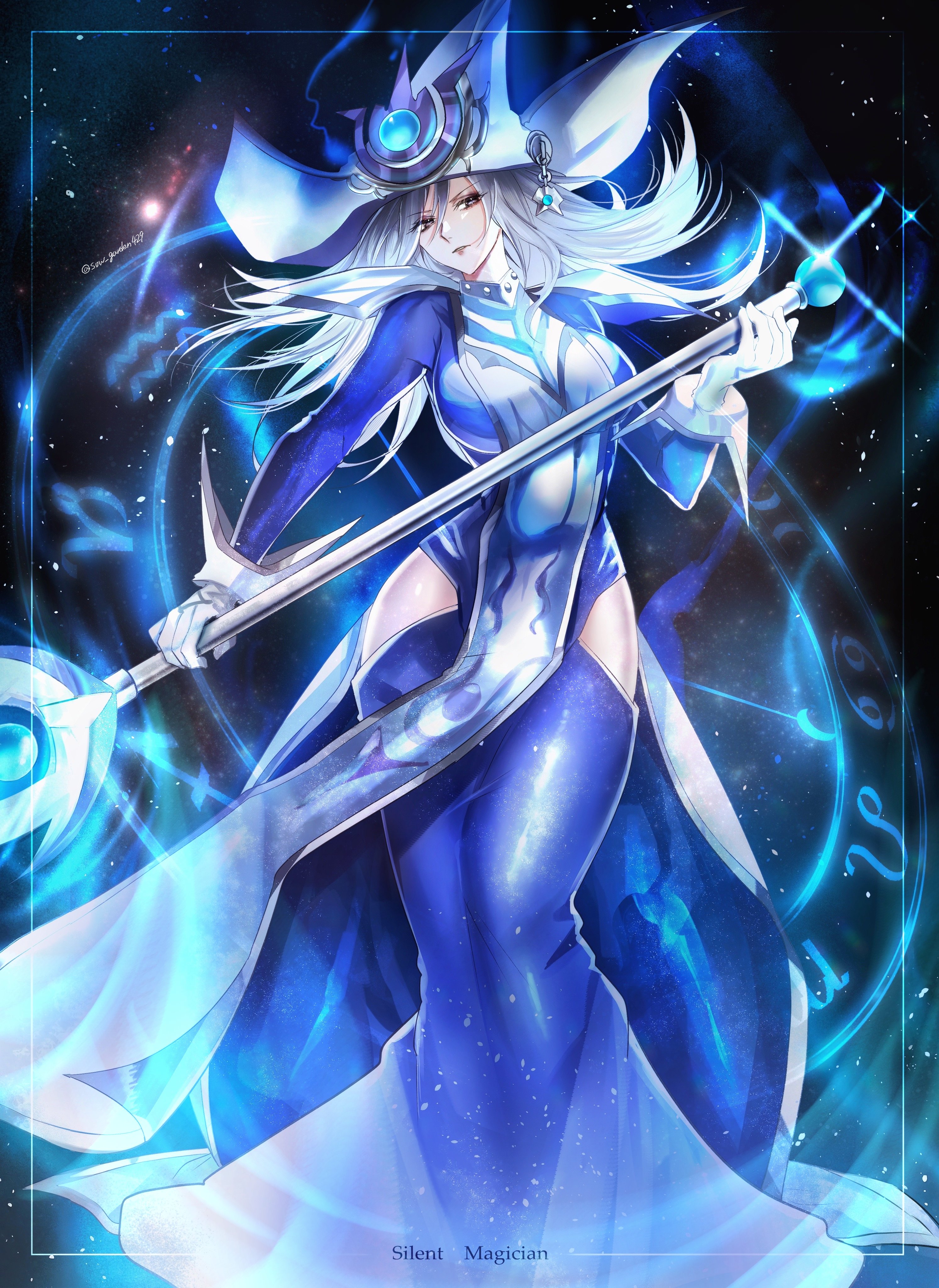 sow graden429, silent magician, yu-gi-oh!, absurdres, hashtag-only commentary, highres, 1girl, breasts, character name, clothing cutout, duel monster, gloves, grey hair, hair between eyes, hat, hip vent, holding, holding staff, large breasts, long hair, looking at viewer, parted lips, solo, staff, tabard, twitter username, white gloves, white hat, white tabard, wizard hat