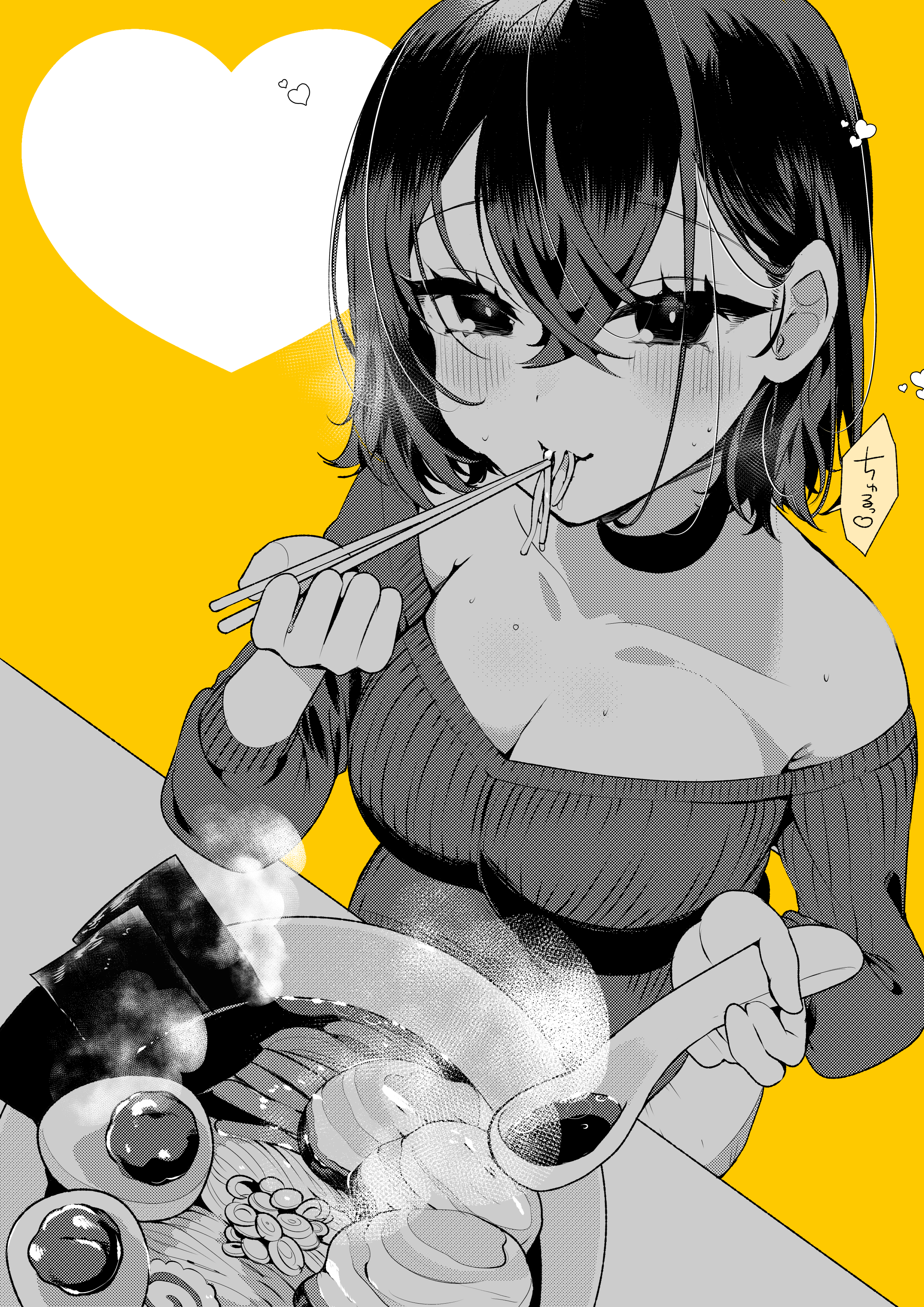 ouchi kaeru, original, absurdres, commentary request, highres, translation request, 1girl, breasts, chopsticks, cleavage, collarbone, eyelashes, food, greyscale with colored background, heart, holding, holding chopsticks, noodles, solo, speech bubble, sweat, yellow background