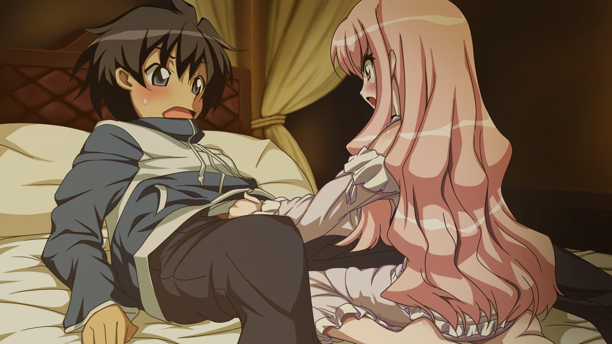 craft108, hiraga saito, louise francoise le blanc de la valliere, zero no tsukaima, 00s, barefoot, bed, black hair, blue eyes, blush, camisole, pink eyes, pink hair