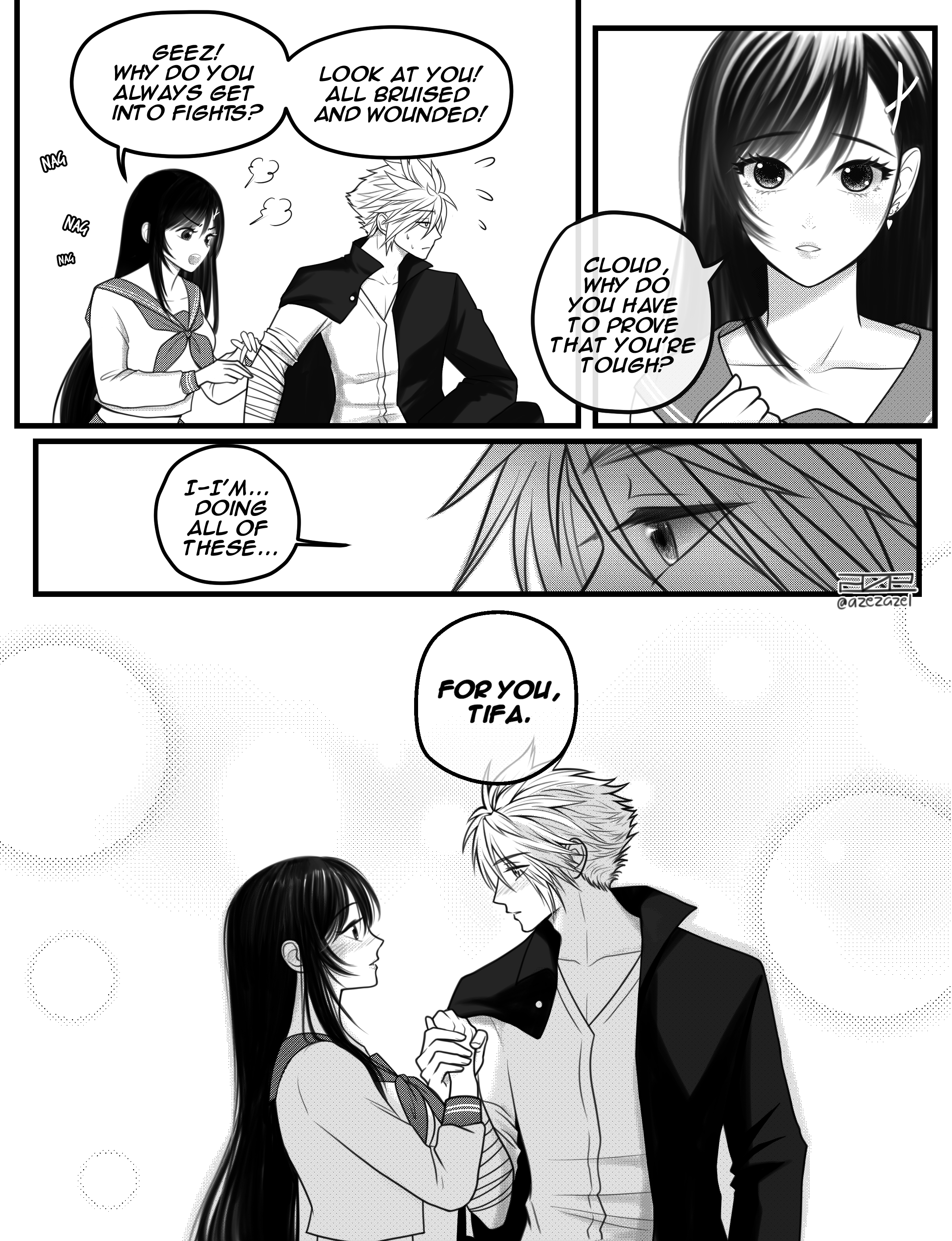 azezazel, cloud strife, cloud strife (midgard seventh high school), tifa lockhart, tifa lockhart (midgard seventh high school), final fantasy, final fantasy vii, final fantasy vii: ever crisis, absurdres, commentary, english commentary, highres, 1boy, 1girl, artist name, bandaged arm, bandages, blush, collarbone, delinquent, earrings, english text, flying sweatdrops, gakuran, greyscale, hair ornament, hairclip, holding hands, jewelry, light particles, long hair, long sleeves, looking at another, monochrome, neckerchief, official alternate costume, open mouth, puff of air, sailor collar, school uniform, serafuku, shirt, short hair, signature, speech bubble, spiked hair, twitter username, white serafuku, white shirt