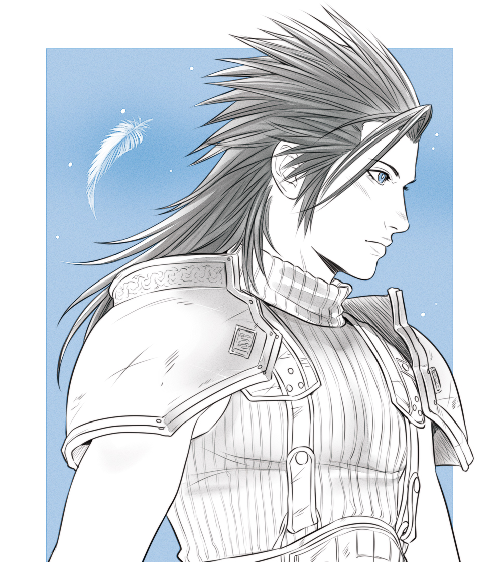 crylin6, zack fair, crisis core: final fantasy vii, final fantasy, final fantasy vii, 1boy, armor, black hair, blue background, blue eyes, border, closed mouth, falling feathers, feathers, long hair, male focus, outside border, ribbed sweater, shoulder armor, sleeveless, sleeveless turtleneck, solo, spiked hair, suspenders, sweater, turtleneck, turtleneck sweater, upper body, white border, white feathers