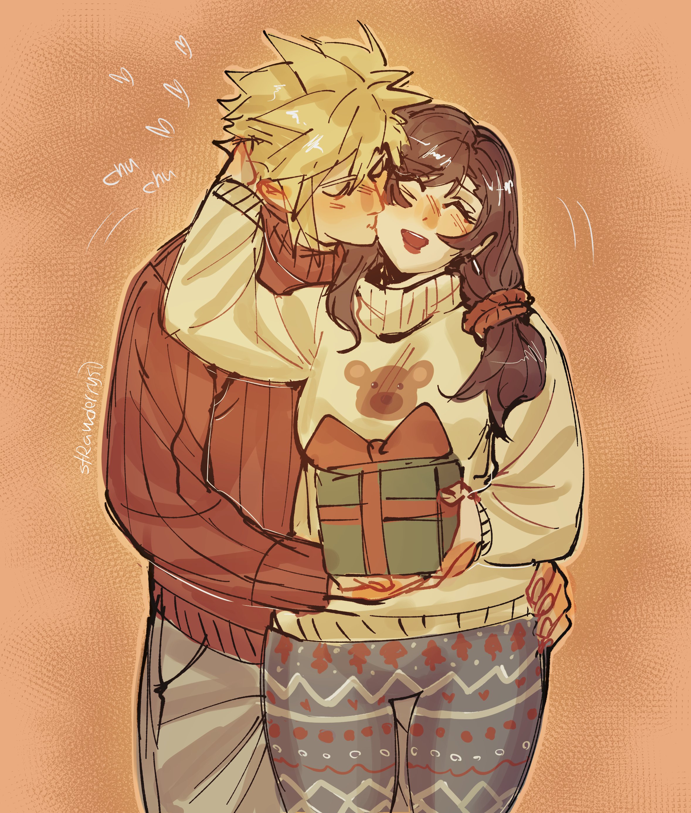 strawderryst, cloud strife, tifa lockhart, final fantasy, final fantasy vii, absurdres, commentary, english commentary, highres, 1boy, 1girl, alternate costume, artist name, black hair, blonde hair, blush, box, casual, christmas, christmas present, closed eyes, couple, cowboy shot, earrings, gift, gift box, hair ornament, hair over shoulder, hair scrunchie, hand on another's head, hand on another's hip, heart, hetero, holding, holding gift, jewelry, kiss, kissing cheek, long hair, long sleeves, motion lines, open mouth, red scrunchie, red sweater, scrunchie, simple background, single earring, smile, spiked hair, straight-on, sweater, turtleneck, turtleneck sweater, twitter username, white sweater