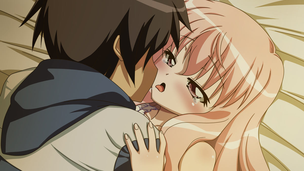 craft108, hiraga saito, louise francoise le blanc de la valliere, zero no tsukaima, 00s, bed, black hair, blush, pink eyes, pink hair, tears, tongue