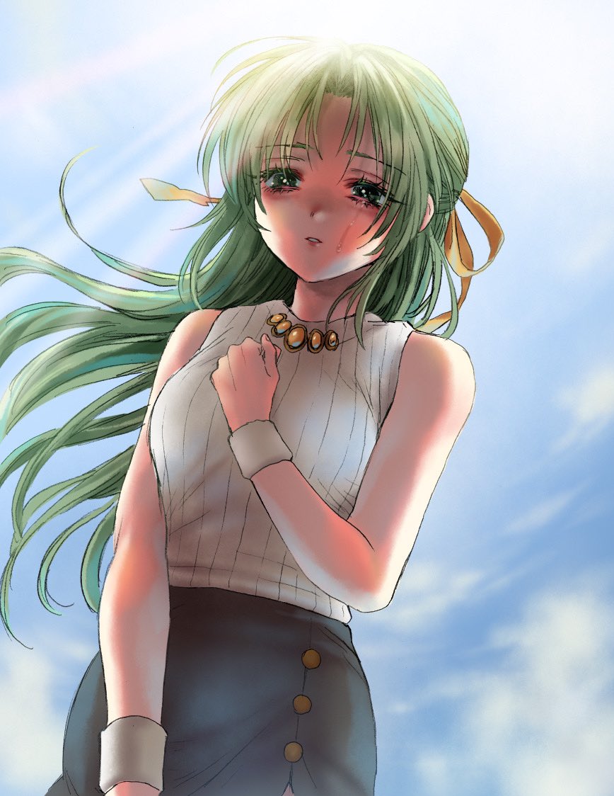 hanjuku otome, sonozaki shion, higurashi no naku koro ni, 1girl, blue sky, breasts, buttons, crying, crying with eyes open, day, dot nose, eyelashes, from below, green eyes, green hair, hair intakes, hair ribbon, half updo, hand on own chest, large breasts, light rays, long hair, looking ahead, open mouth, outdoors, parted lips, pencil skirt, ribbon, sidelocks, single tear, skirt, sky, sleeveless, sleeveless sweater, solo, sunlight, sweater, tears, wrist cuffs, yellow ribbon