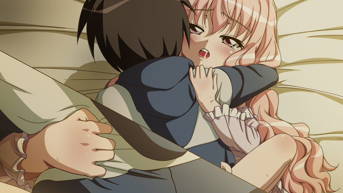 craft108, hiraga saito, louise francoise le blanc de la valliere, zero no tsukaima, 00s, bed, black hair, blush, pink eyes, pink hair, tears