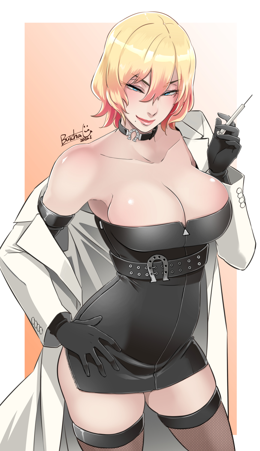 butcha-u, ichijou shizuka, jutaijima, commentary request, highres, 1girl, bare shoulders, belt, black choker, black dress, black gloves, black pantyhose, blonde hair, blue eyes, blush, breasts, choker, cleavage, coat, dress, elbow gloves, fishnet pantyhose, fishnets, gloves, half-closed eyes, large breasts, long coat, medium hair, mole, mole under mouth, pantyhose, red lips, smile, solo, standing, thighhighs, white coat, zettai ryouiki