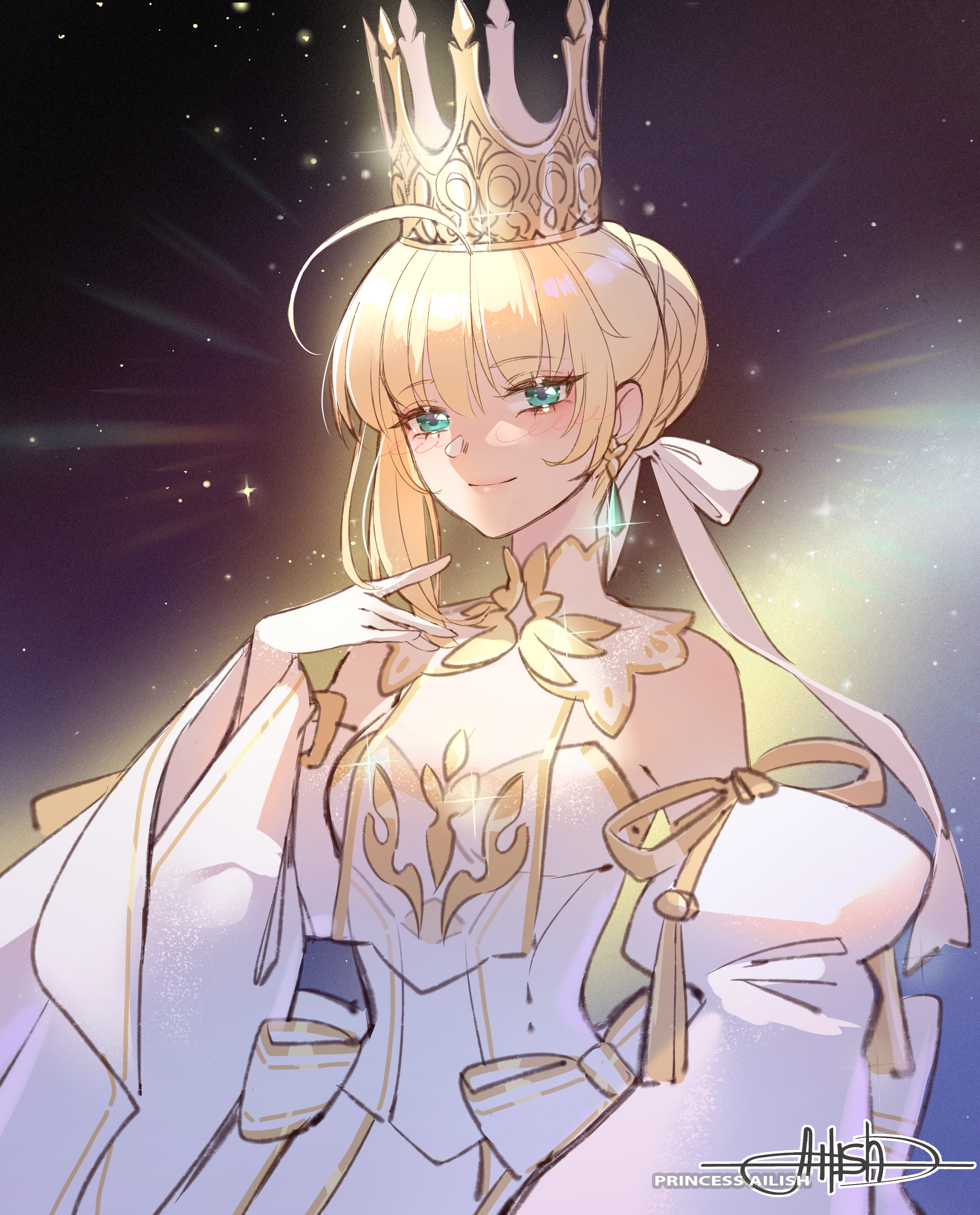 princess ailish, artoria pendragon (fate), lord logres (fate), lord logres (second ascension) (fate), fate/grand order, fate (series), absurdres, commentary request, highres, 1girl, ahoge, bare shoulders, blonde hair, bow, breasts, crown, detached sleeves, dress, earrings, hair bow, jewelry, looking at viewer, medium breasts, signature, single earring, smile, solo, white bow, white dress