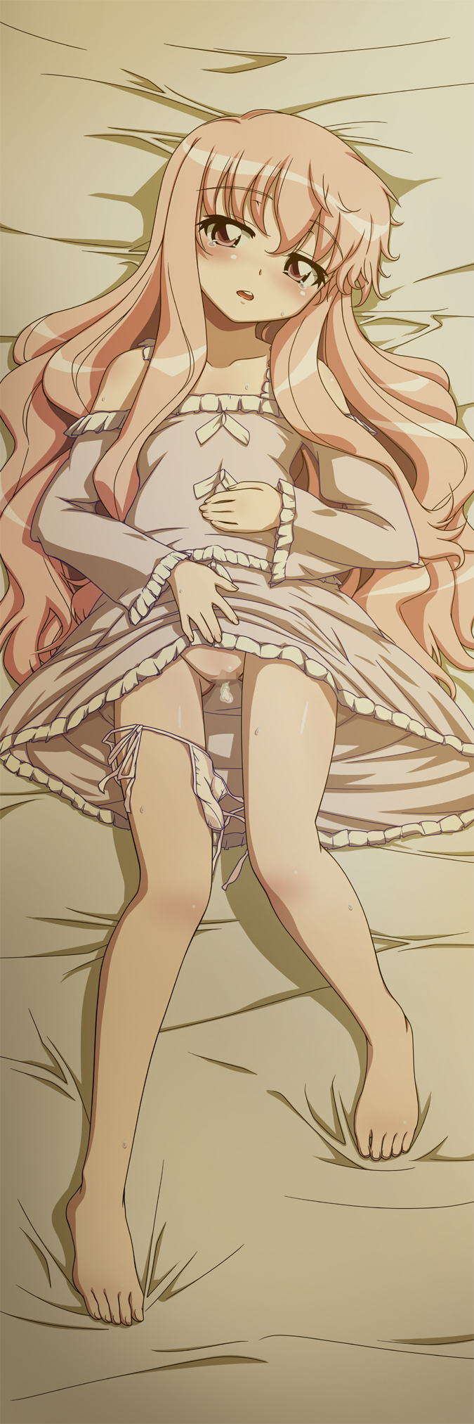 craft108, louise francoise le blanc de la valliere, zero no tsukaima, highres, long image, tall image, 00s, 1girl, aftersex, barefoot, bed, blush, camisole, censored, cum, defloration, feet, female focus, fingernails, full body, lying, panties, pink eyes, pink hair, pussy, solo, tears, underwear
