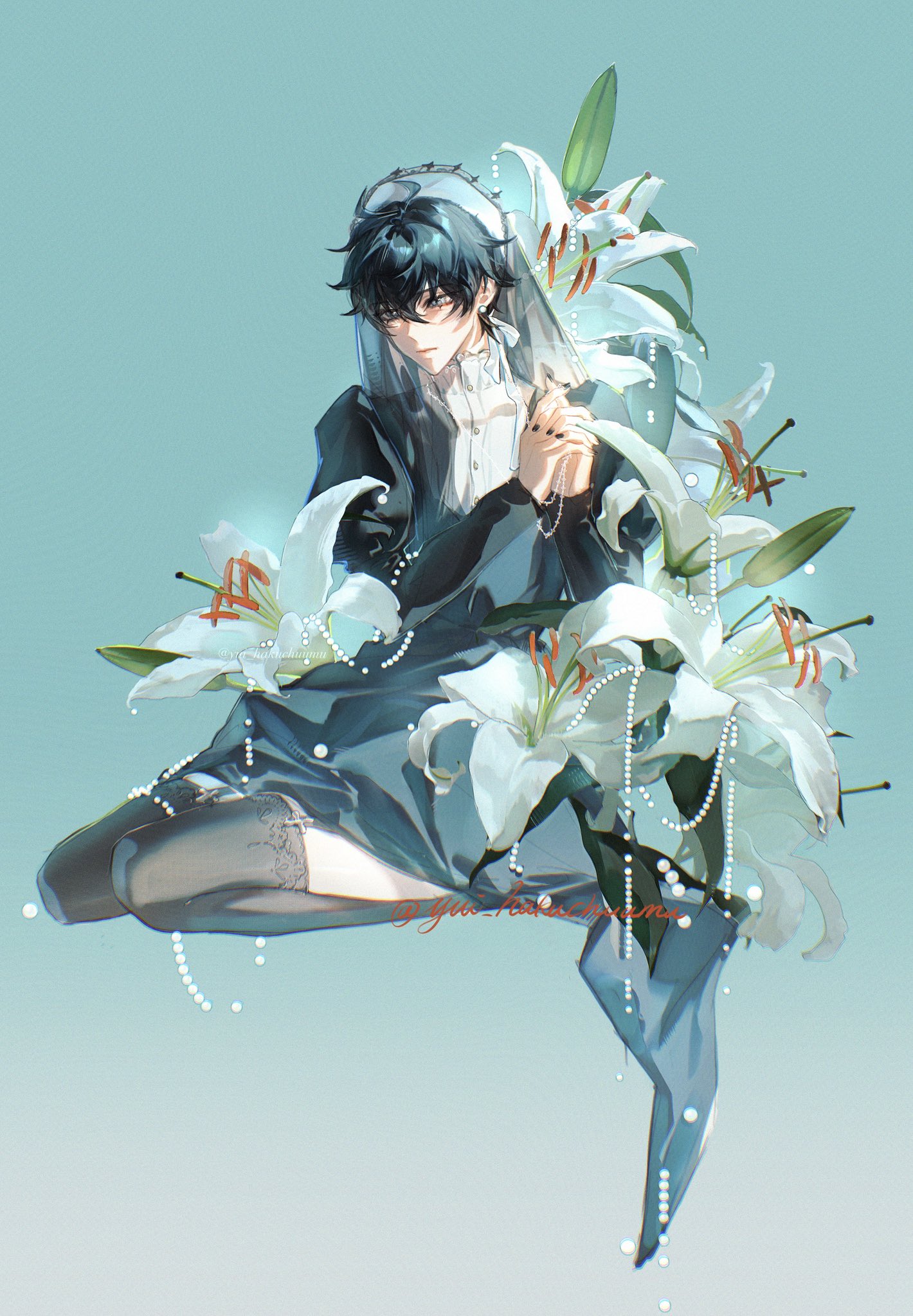 yui hakuchuumu, dan heng (honkai: star rail), honkai: star rail, honkai (series), commentary, highres, symbol-only commentary, 1boy, arms up, black hair, black nails, black shirt, black thighhighs, buttons, closed mouth, collared shirt, crossdressing, crossdressing (mtf), earrings, flower, gradient background, hair between eyes, jewelry, kneeling, leaf, lily (flower), long sleeves, male focus, nail polish, parted hair, piercing, shirt, short hair, sitting, solo, string of pearls, thighhighs, twitter username, veil, white flower, white shirt