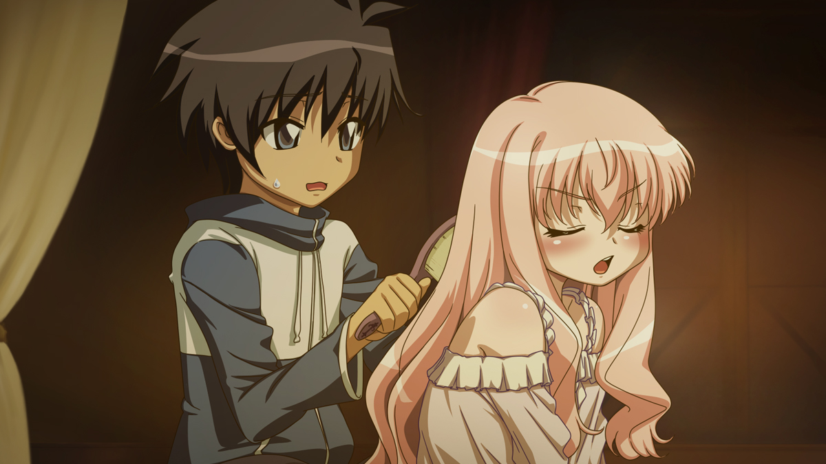 craft108, hiraga saito, louise francoise le blanc de la valliere, zero no tsukaima, 00s, black hair, blue eyes, blush, brushing hair, camisole, hair brush, pink hair