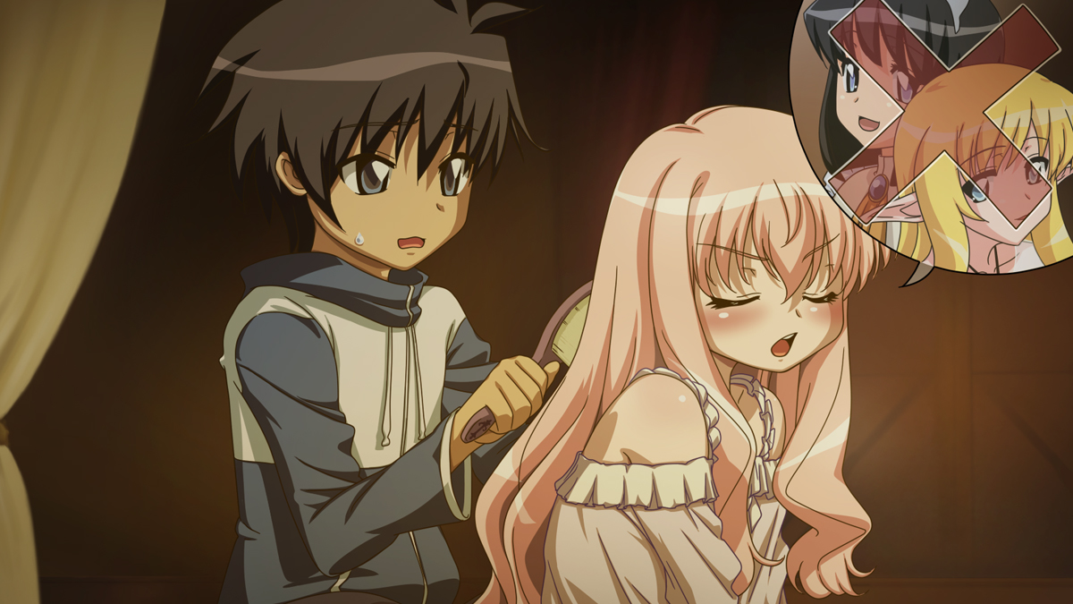 craft108, hiraga saito, louise francoise le blanc de la valliere, siesta (zero no tsukaima), tiffania westwood, zero no tsukaima, 00s, black hair, blue eyes, blush, brushing hair, camisole, hair brush, pink hair