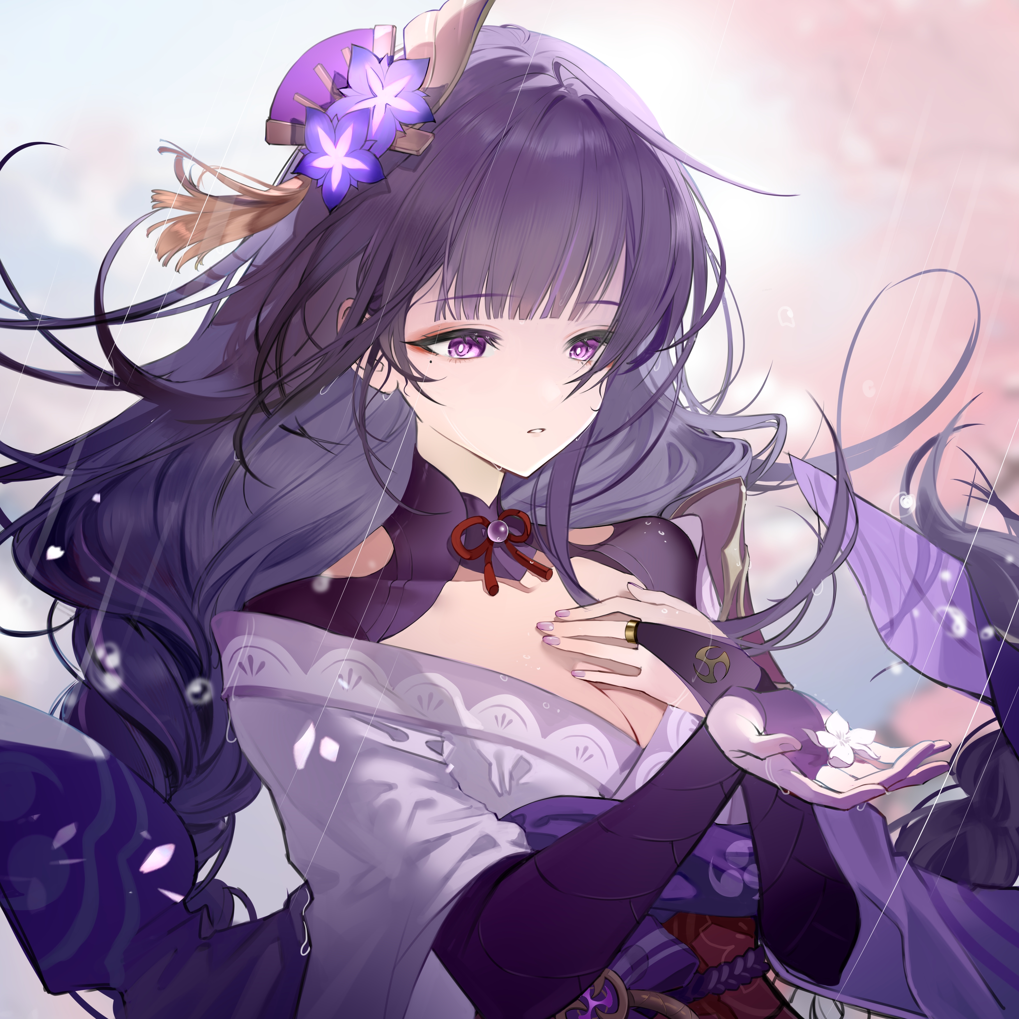 raiden shogun, genshin impact, absurdres, chinese commentary, commentary request, commission, highres, 1girl, armor, blunt bangs, blurry, blurry background, braid, breasts, bridal gauntlets, cleavage, clothing cutout, cloud, cloudy sky, depth of field, eyeliner, fan hair ornament, flower, hair ornament, hand on own chest, japanese clothes, kimono, large breasts, long braid, looking down, looking to the side, makeup, mitsudomoe (shape), mole, mole under eye, neck ribbon, off shoulder, outdoors, purple eyes, purple hair, purple kimono, purple nails, rain, red eyeliner, red ribbon, red sash, ribbon, sash, shade, short sleeves, shoulder armor, shoulder cutout, single braid, sky, solo, suguo25944, tomoe (symbol), upper body, water drop, wet, wide sleeves