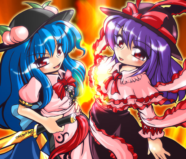 winn, hinanawi tenshi, nagae iku, touhou, 2girls, blue hair, female focus, food, fruit, hat, long hair, multiple girls, peach, purple hair, red eyes, ribbon, sword, weapon