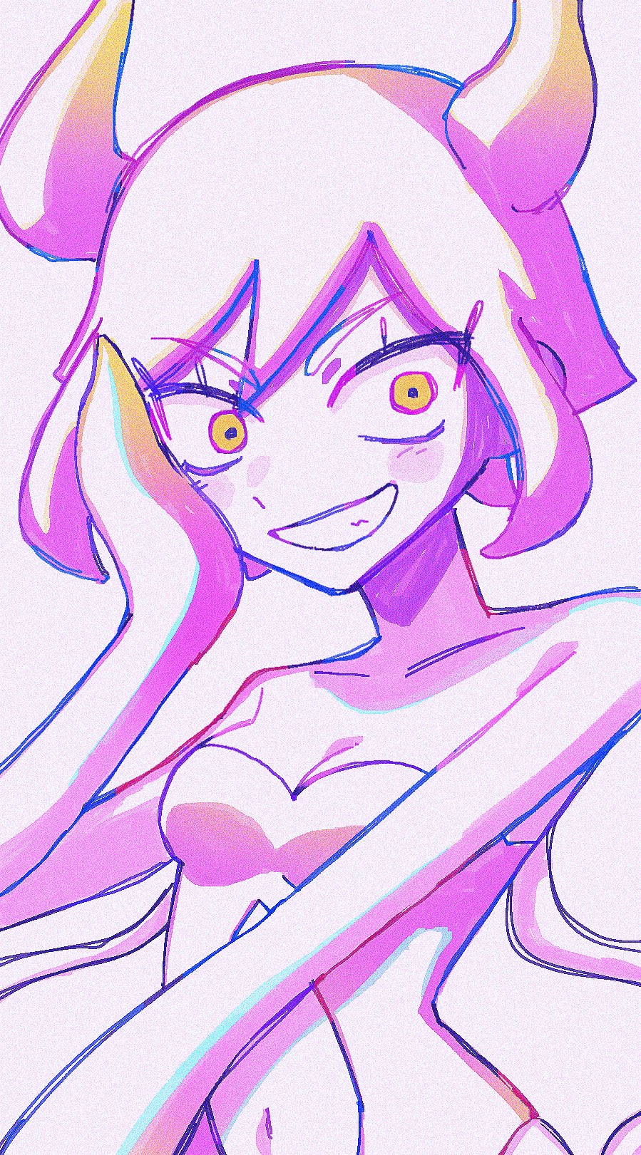 yksm oe, marina (omori), omori, commentary request, highres, 1girl, bare shoulders, blonde hair, breasts, cleavage, clothing cutout, collarbone, colored skin, gradient hair, hand on own cheek, hand on own face, looking at viewer, medium breasts, multicolored hair, navel, navel cutout, open mouth, pink hair, pink skin, short hair, simple background, smile, solo, tentacle hair, two-tone hair, upper body, white background, yellow eyes