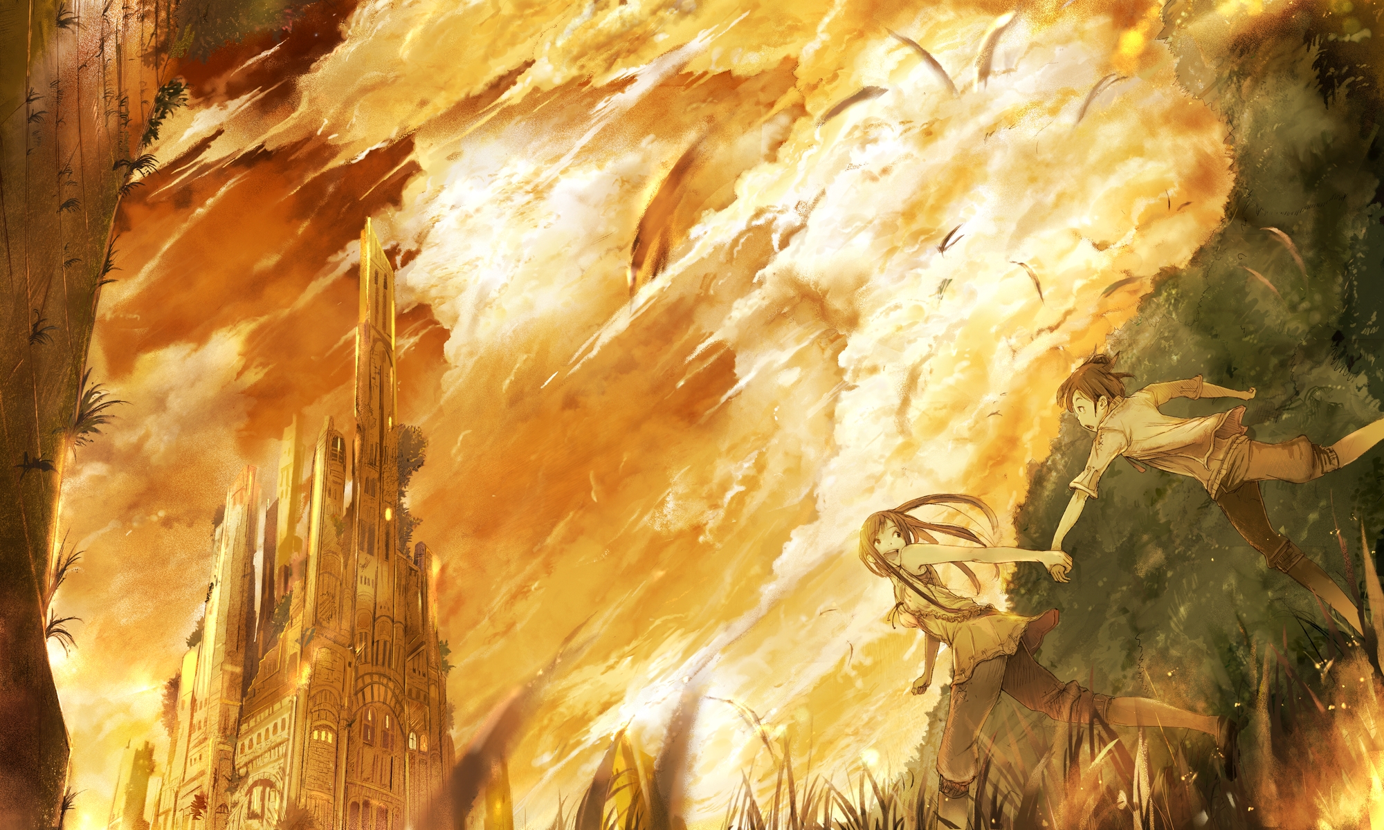 moka. tapioka, original, highres, 1boy, 1girl, :d, brown hair, building, capri pants, church, cloud, couple, dragging, dutch angle, grass, hetero, holding hands, long hair, looking back, open mouth, pants, pulling another's clothes, running, scenery, sky, smile, sunset, twilight